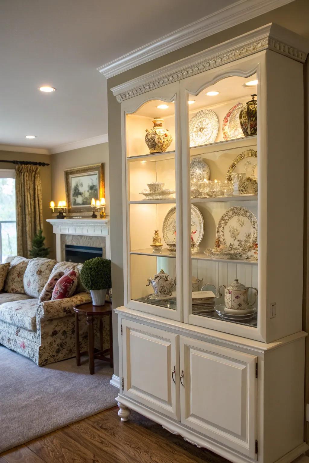 Open shelving in a china cabinet for display purposes.