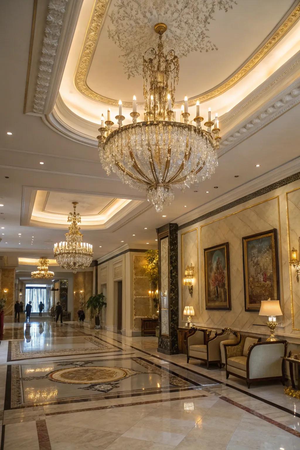 A grand lighting fixture enhancing the grace of the lobby.