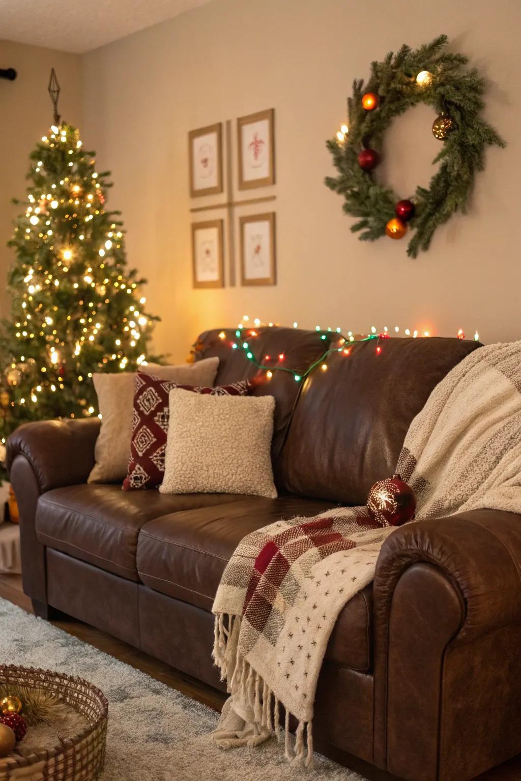 Seasonal decorations add festivities and freshness to a cocoa sofa living space.