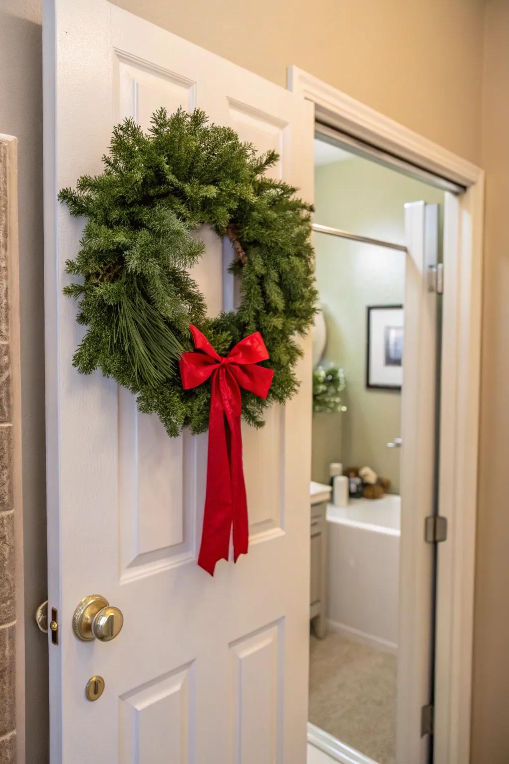 A celebratory wreath welcomes guests into your Christmas-themed bathroom.