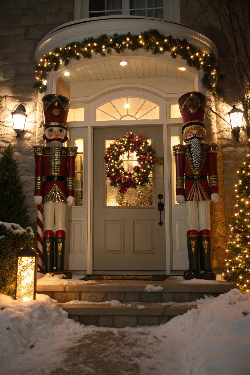 Nutcracker statues standing sentinel at your door.