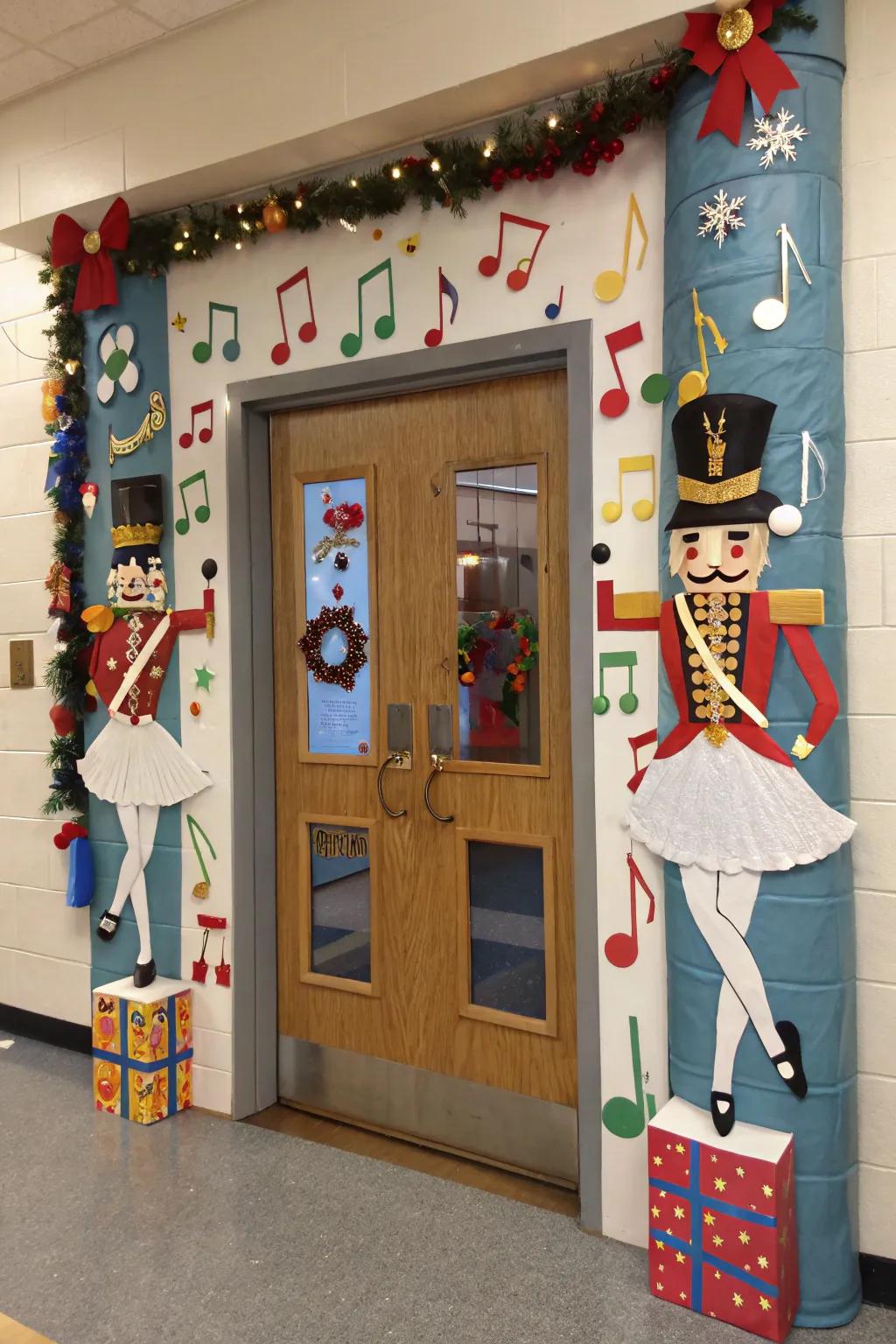 Nutcracker-inspired decorations grace this school door.
