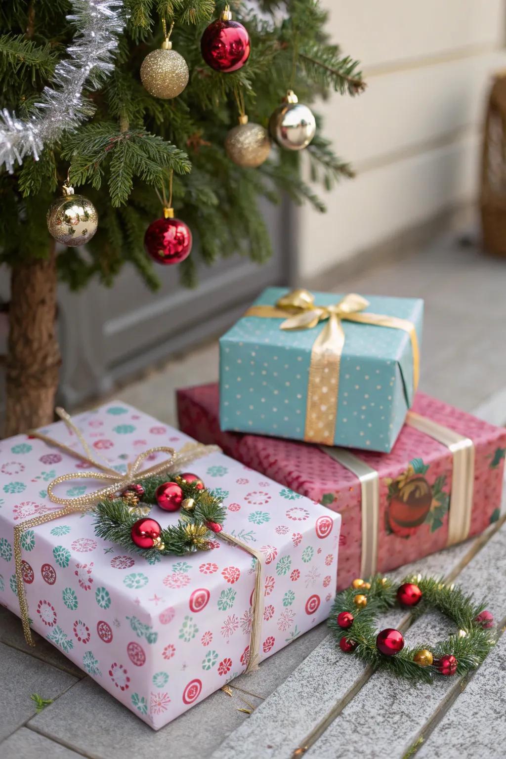 Gifts decorated using ornate garlands and chimes.