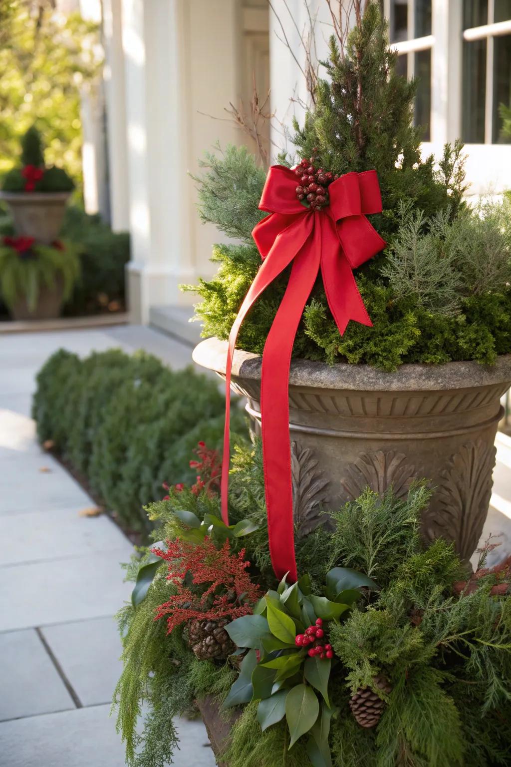 A chic ribbon adds a polished finish to festive planters.