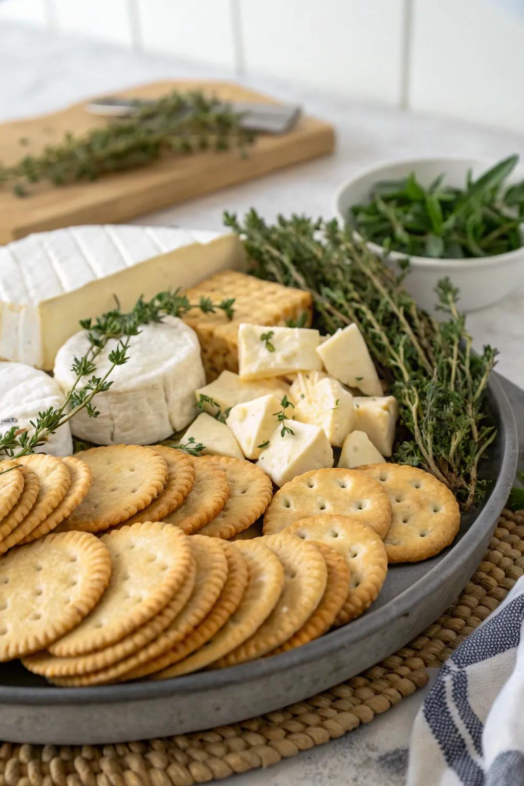 Seasoned crackers matched beautifully with an assortment of soft cheeses.