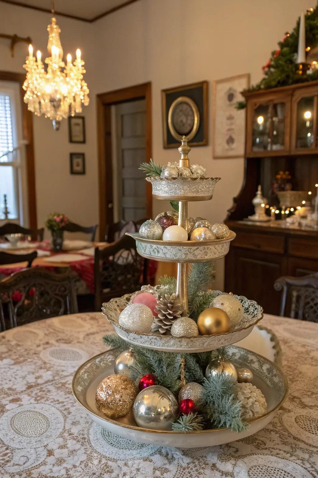 A charming old-time Christmas display on a tiered stand.