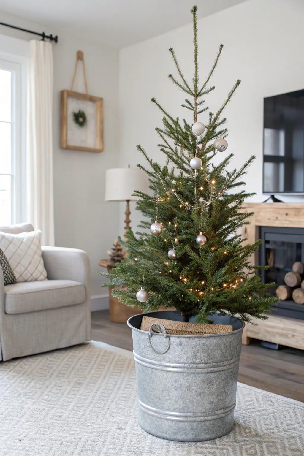 A metal pail gives your tree an industrial elegant feel.