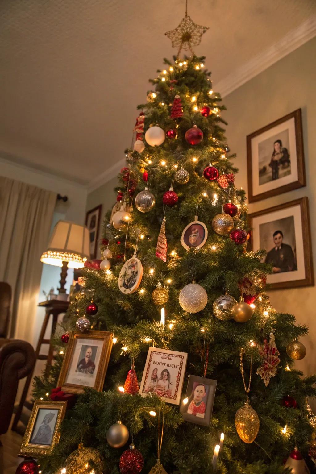 A tree decked with cherished family decorations.