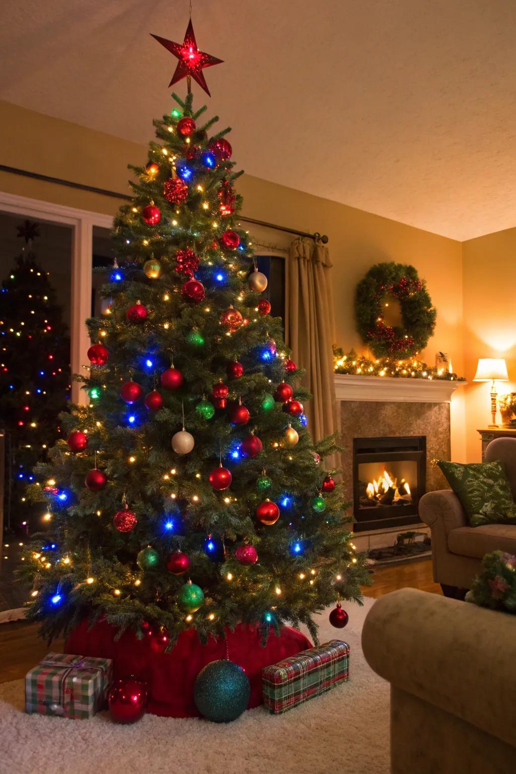 A vibrant Christmas tree featuring bold-colored ornaments and colorful lights, creating a lively holiday scene.
