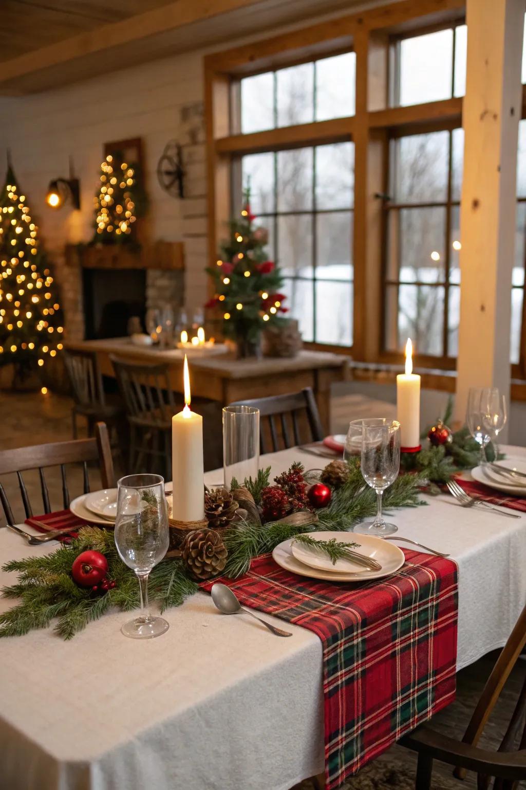 Tartan runners infuse warmth and patterned design onto the banquet setup.