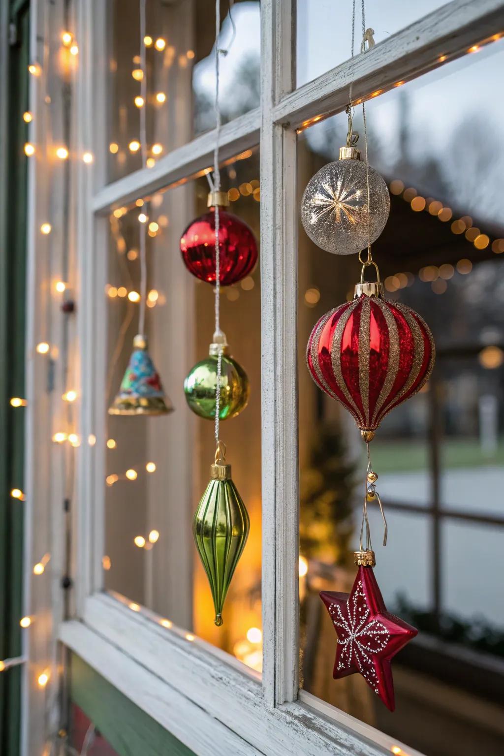 Suspended ornaments introduce depth and shimmer to the pane display.