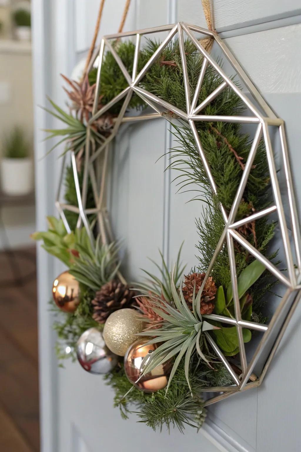 A contemporary geometric wreath featuring metallic accents and epiphytes.
