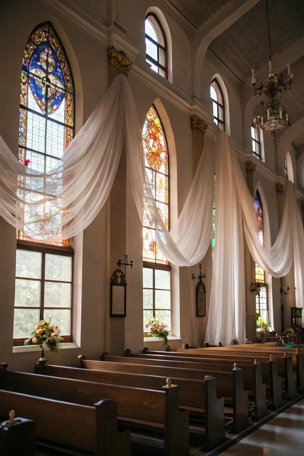 Church panes adorned with elegant see-through drapery.