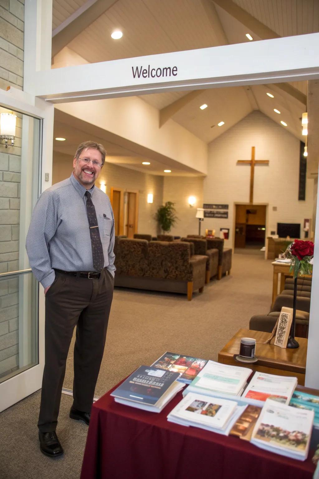 A visiting pastor available for personal interaction.