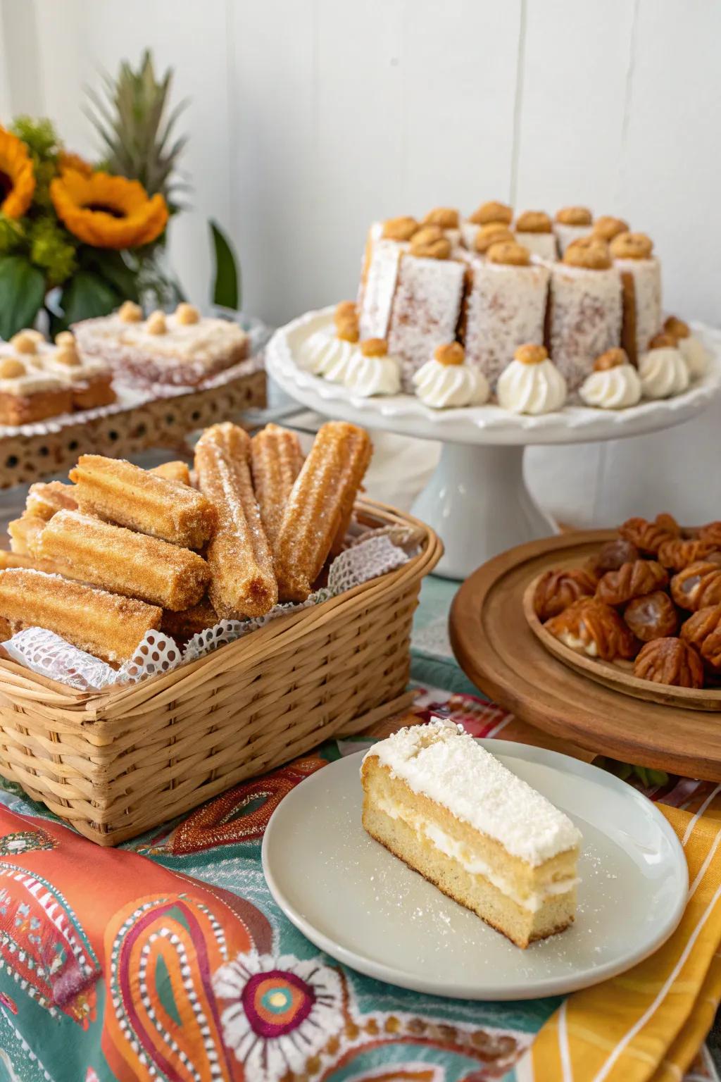 Delicious Mexican sweets such as churros and tres leches cake.