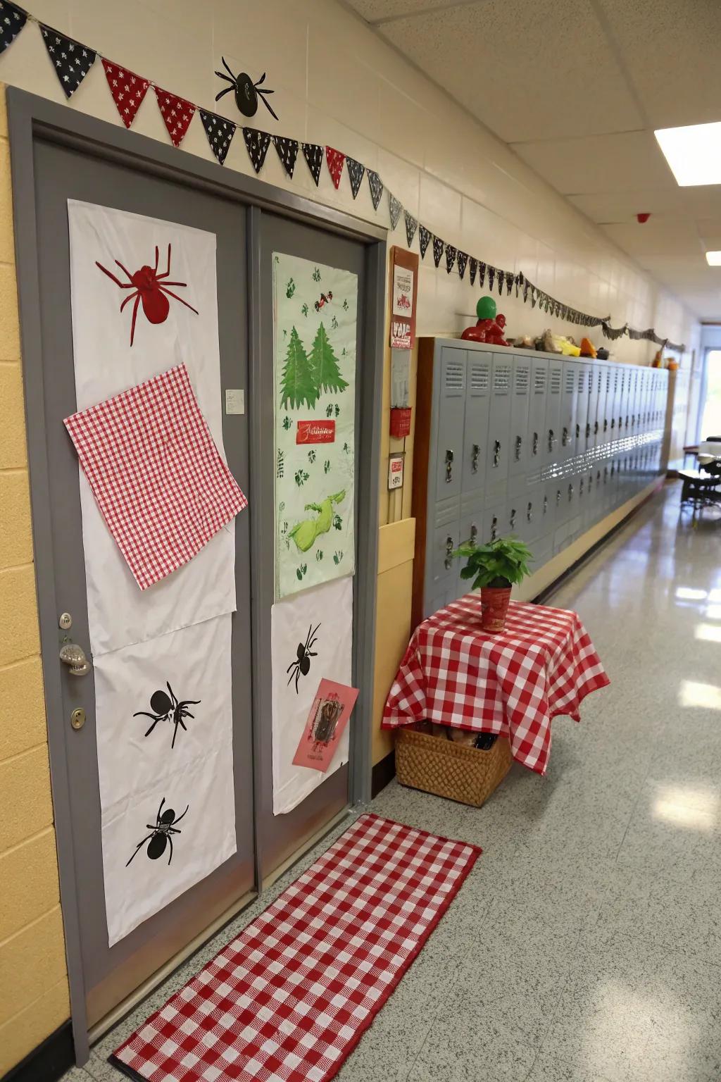 A picnic-themed classroom door featuring blankets and playful insects.