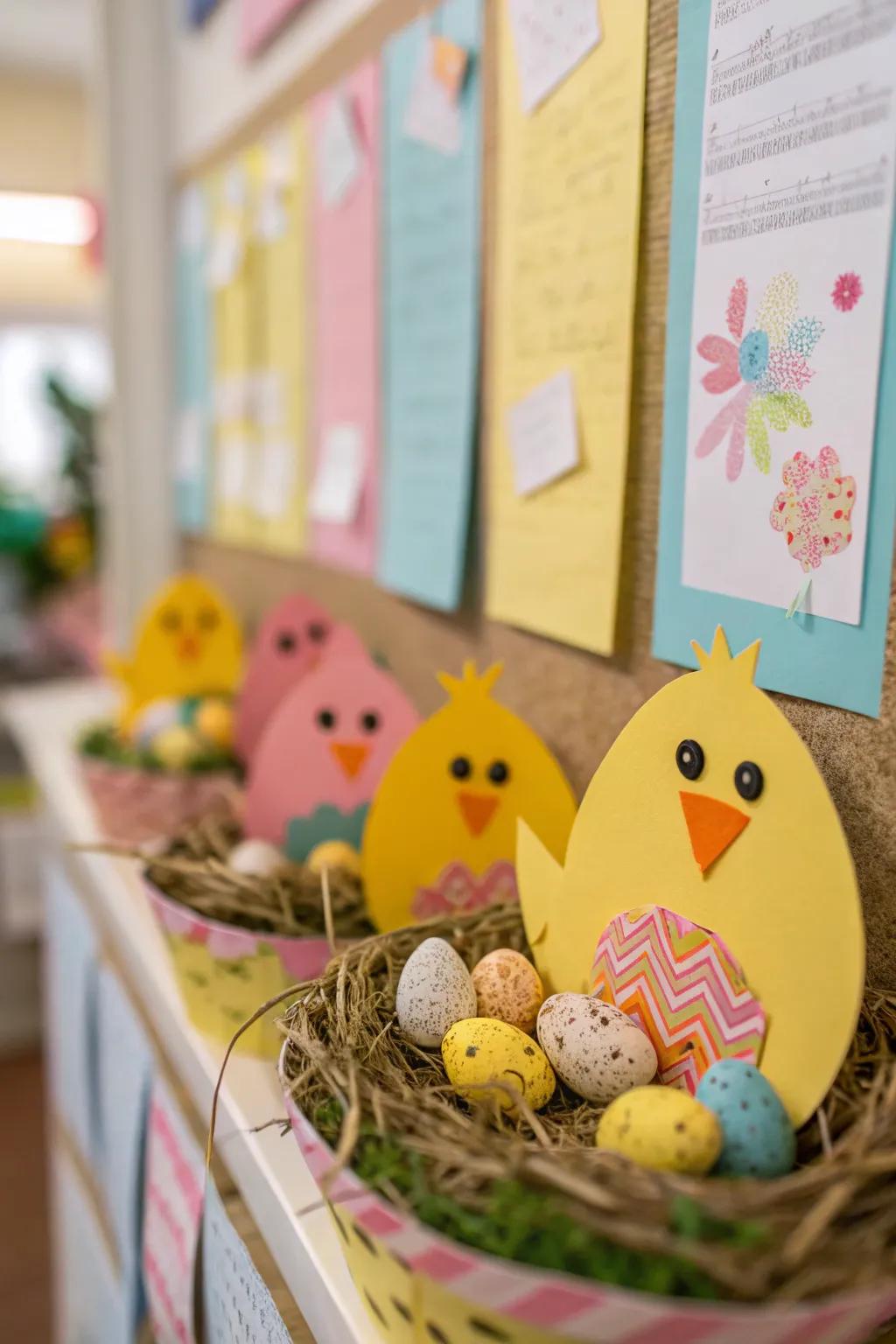 A cute chick-themed bulletin board perfect for Easter.
