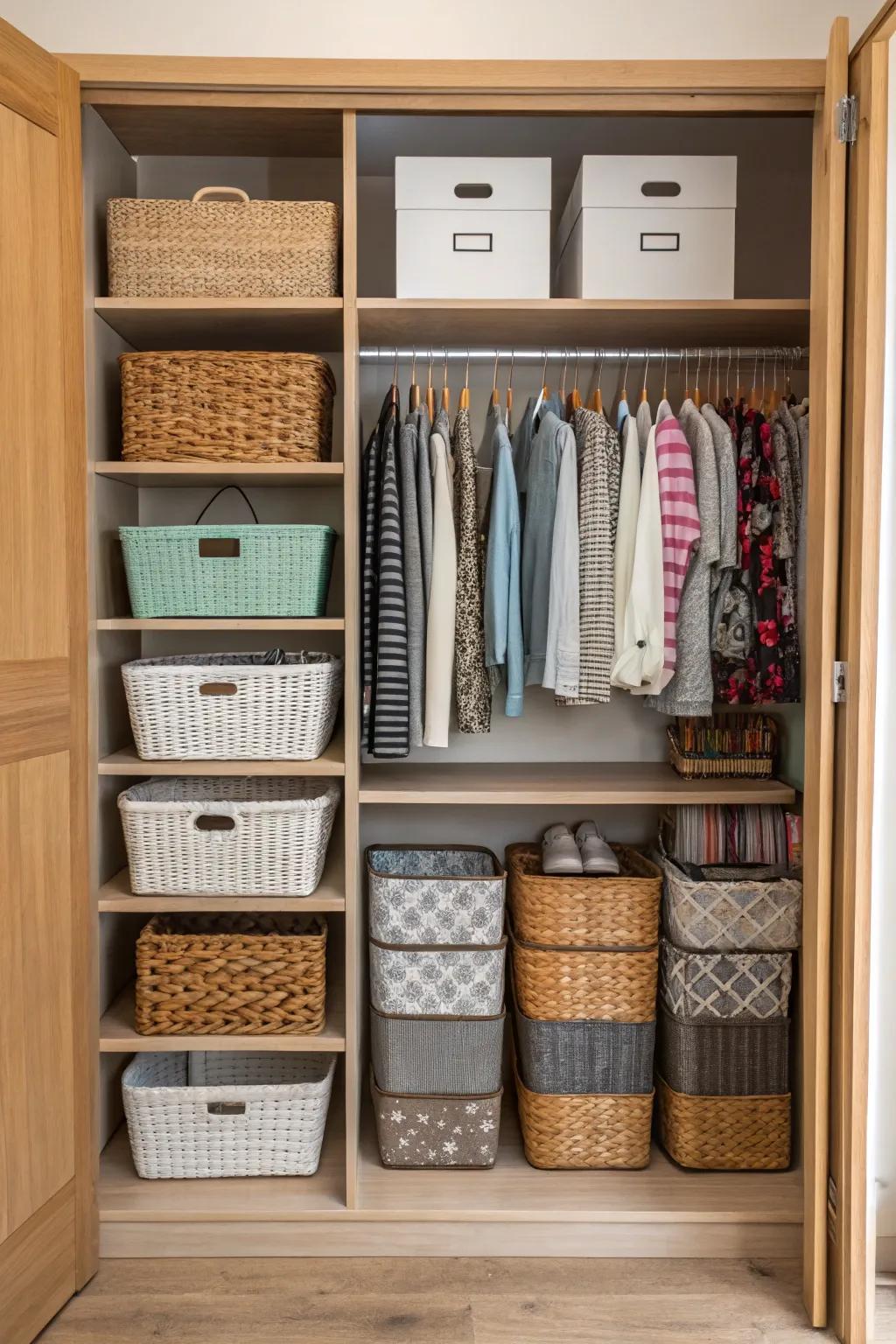 Boxes and baskets offer useful and stylish storage options.
