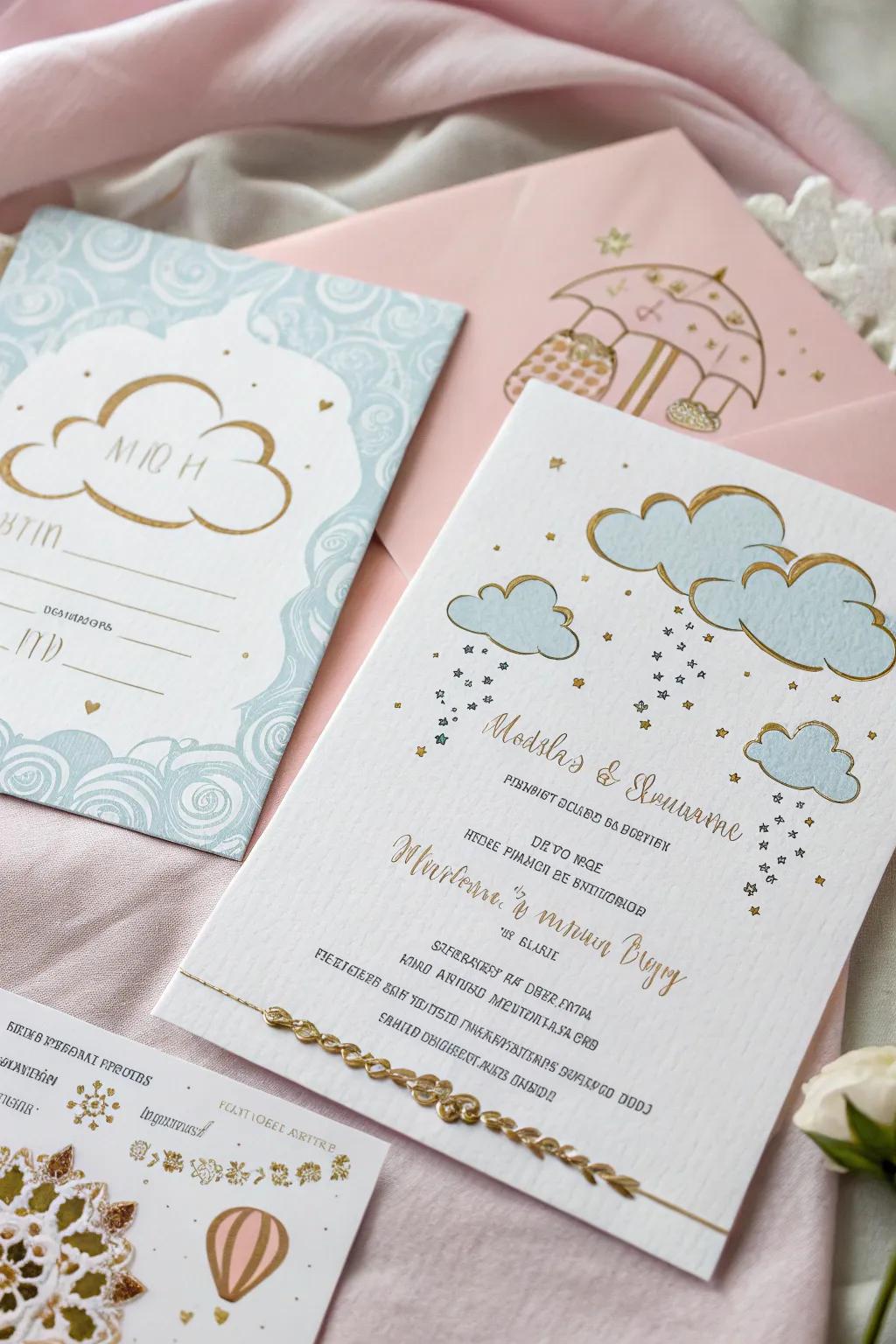Cumulus-themed invites furnish a sneak peek into the dreamy baby shower theme.