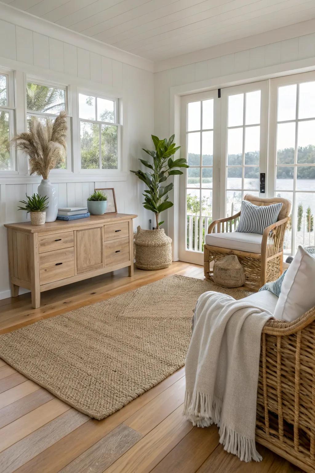 Textured rugs create a natural, coastal foundation.