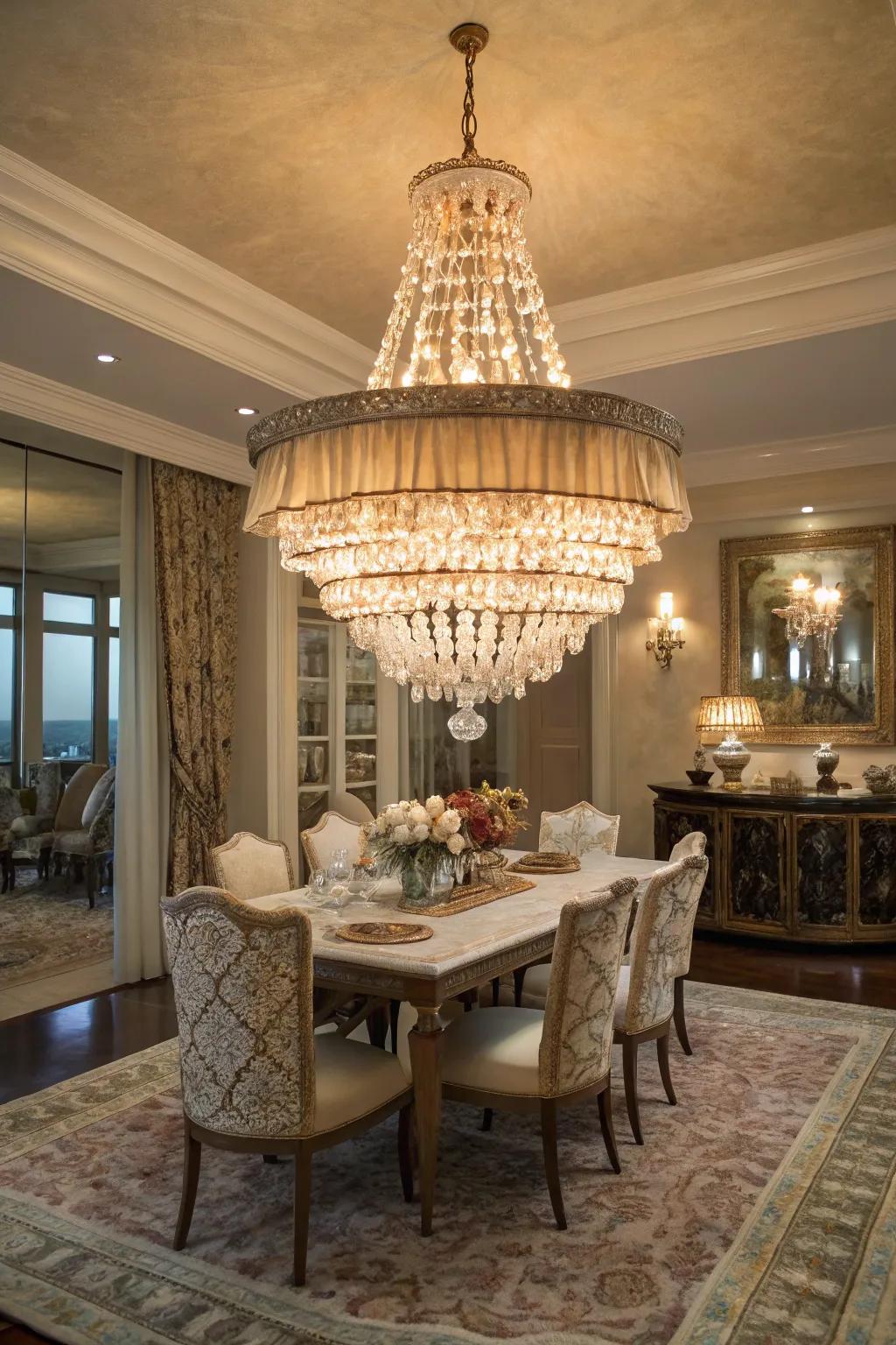 A notable chandelier with shells introduces a hint of coastal elegance.