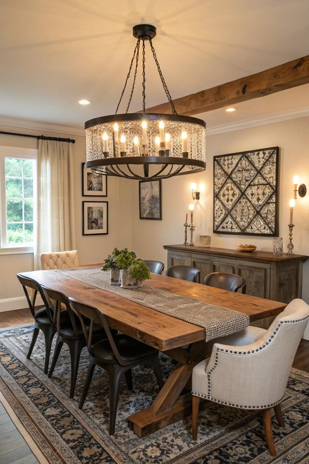 The mix of modern and antique elements creates a vibrant coastal farmhouse aesthetic.