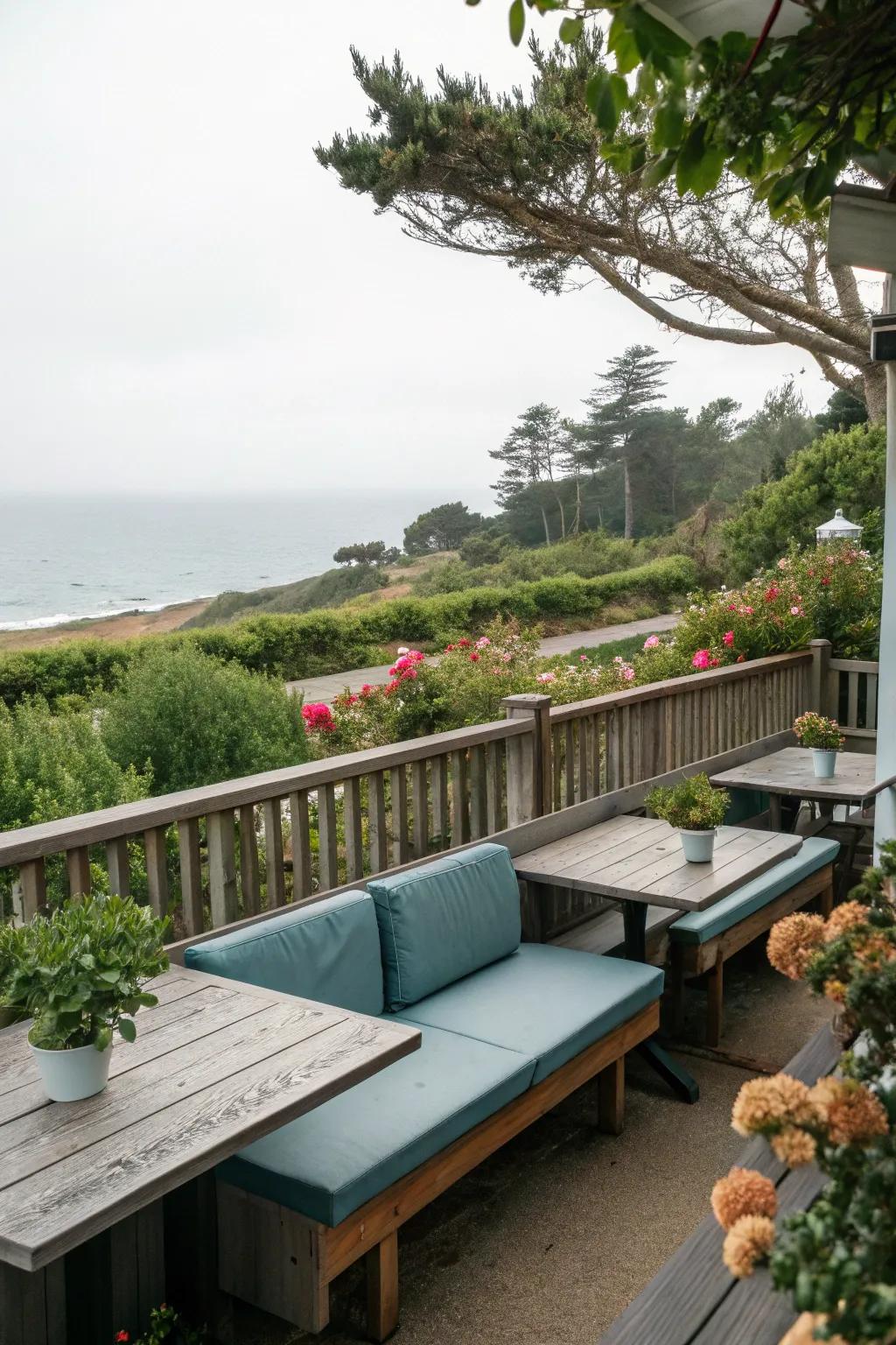 Outdoor seating areas encourage relaxation within a coastal environment.