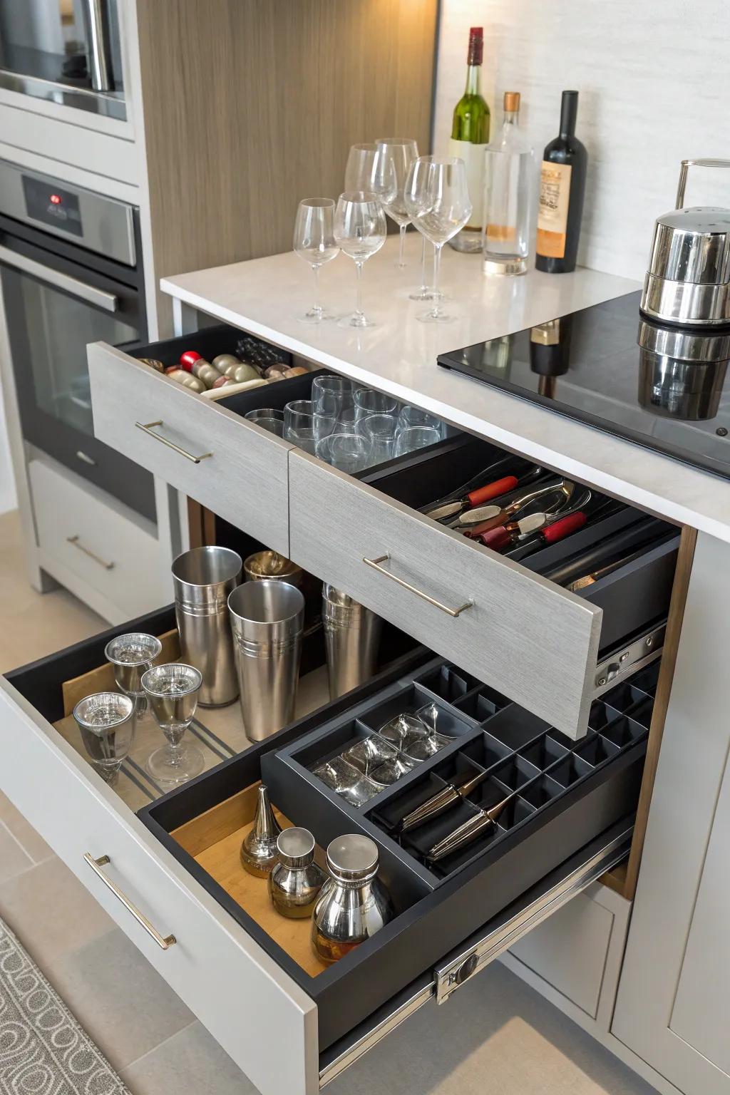 Cabinets and drawers hide clutter effectively.