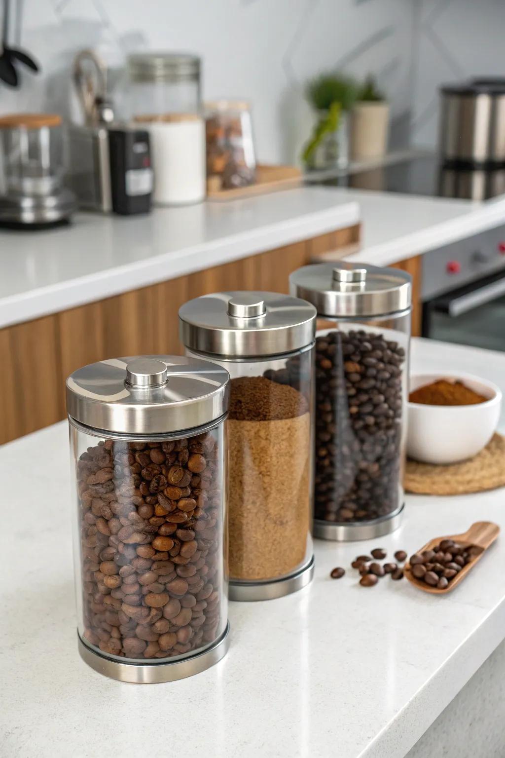 Sophisticated transparent vessels for coffee safekeeping.