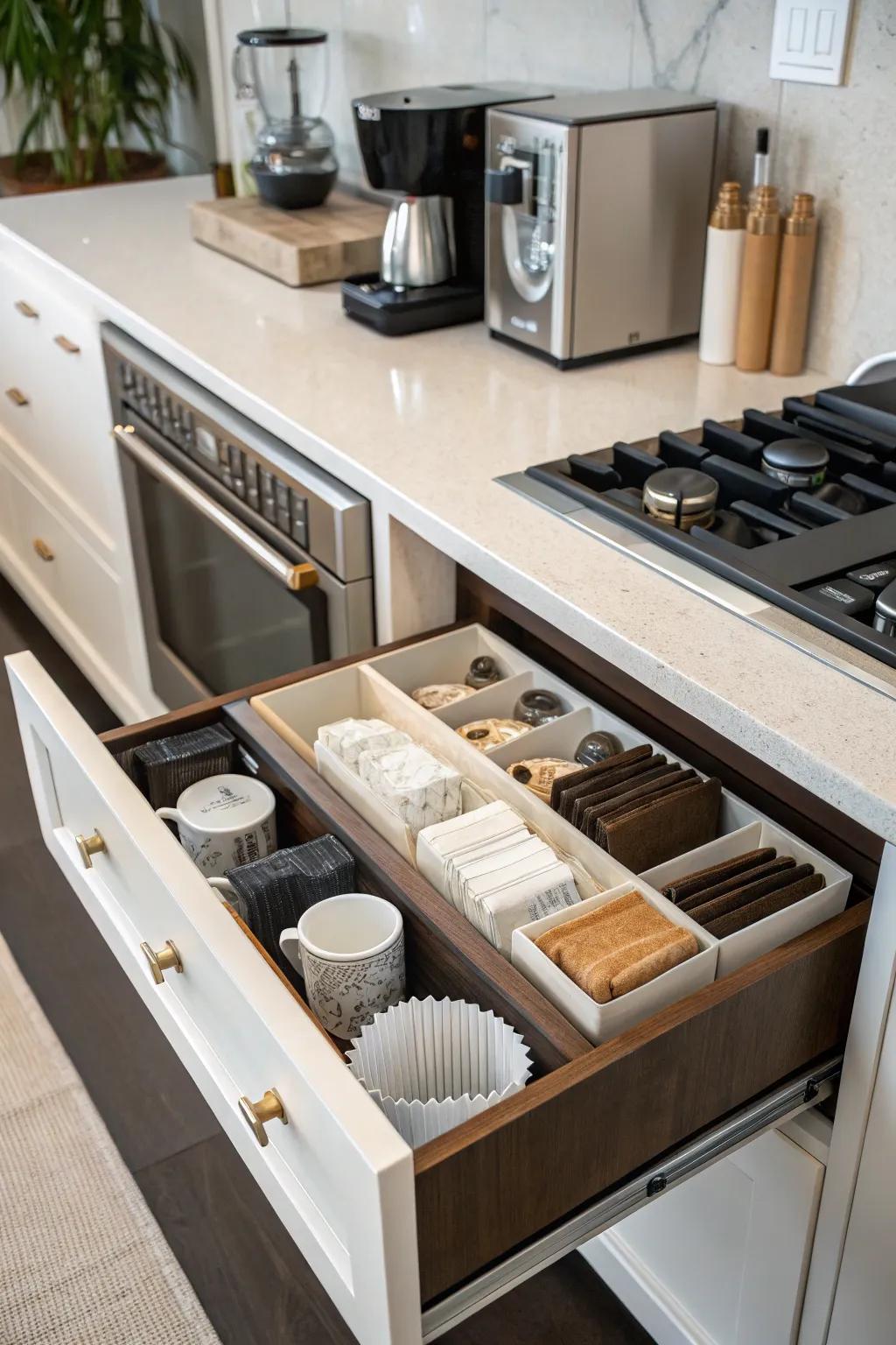 Upright dividers provide clever storage options.