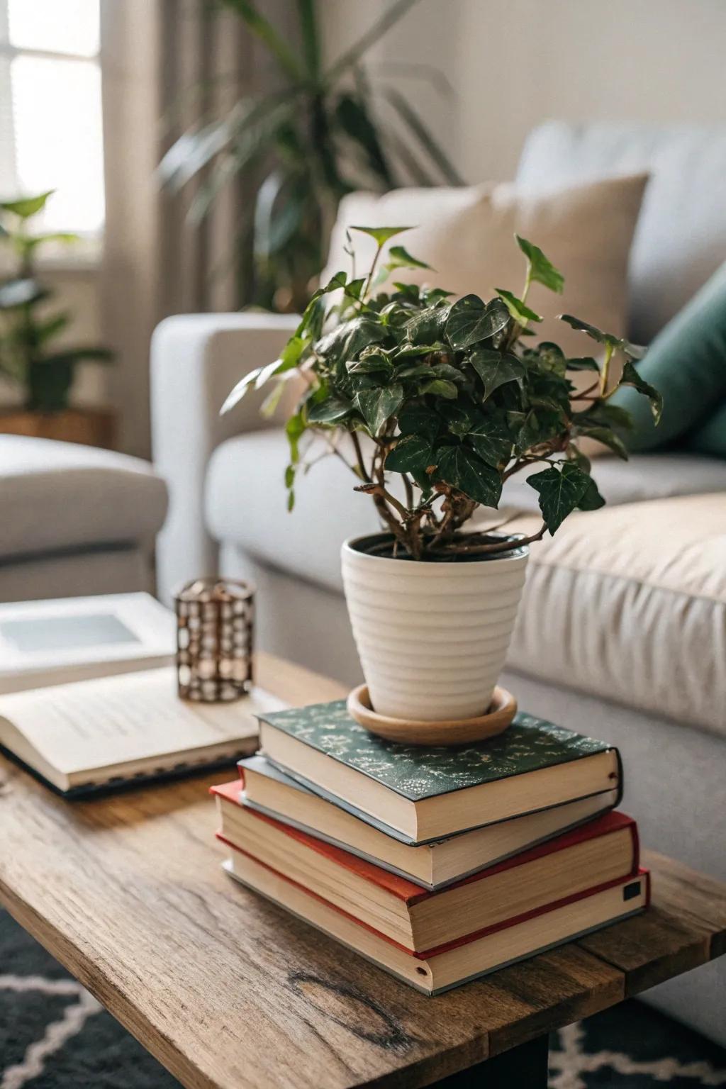 Add vegetation to impart vitality and hue to your arrangement.