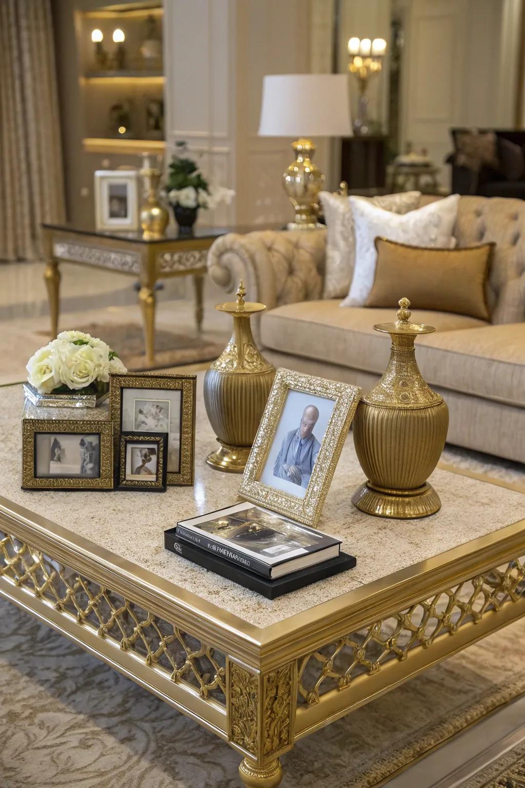Gilded accents offer an air of glamour and high-end style.