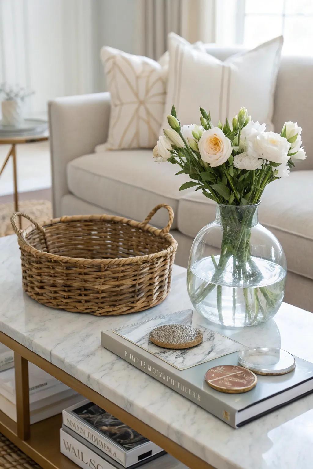 Blending textures creates a rich and inviting coffee table display.