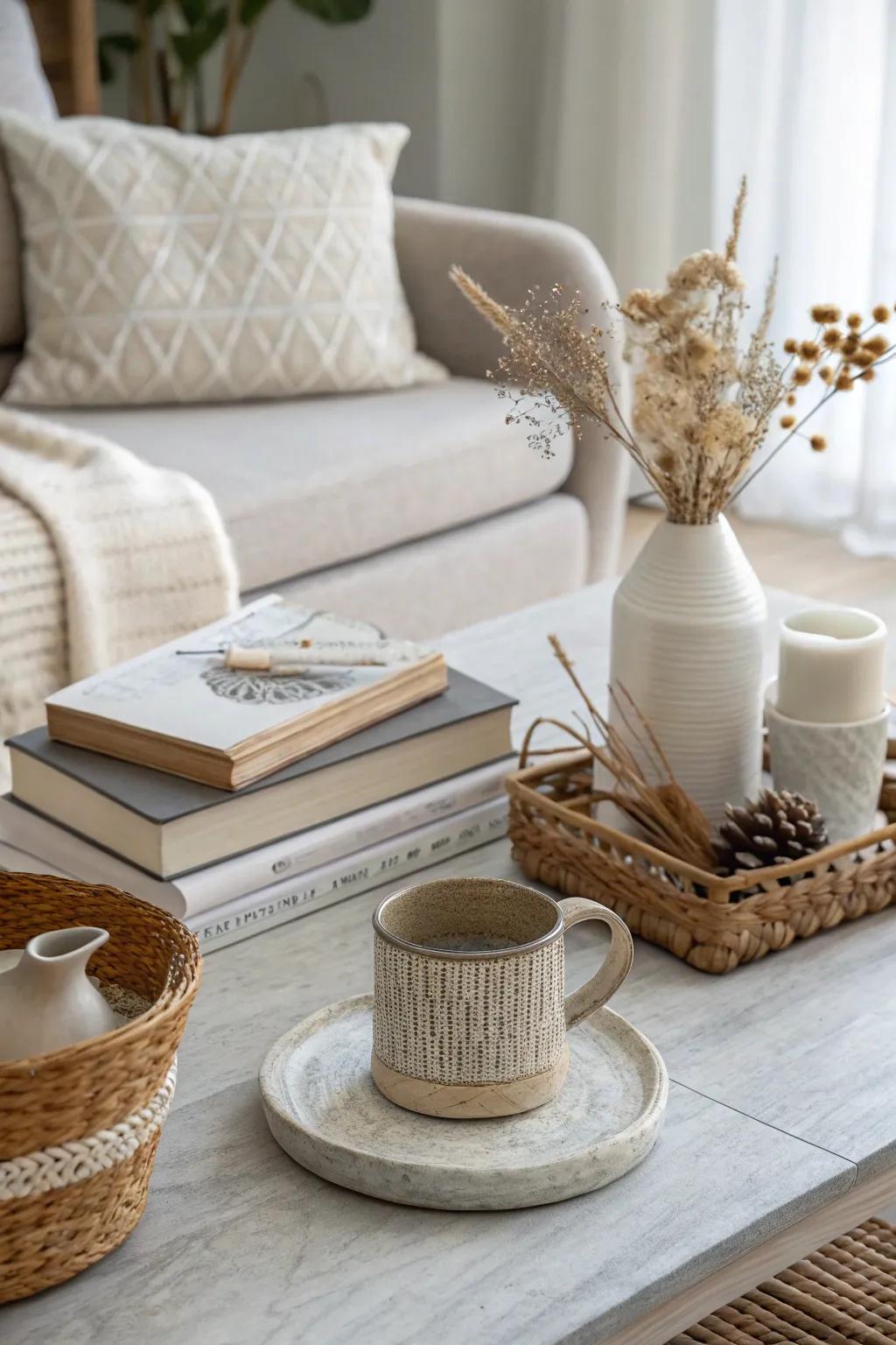 Understated colors create a calm and sophisticated mood in your coffee table setting.