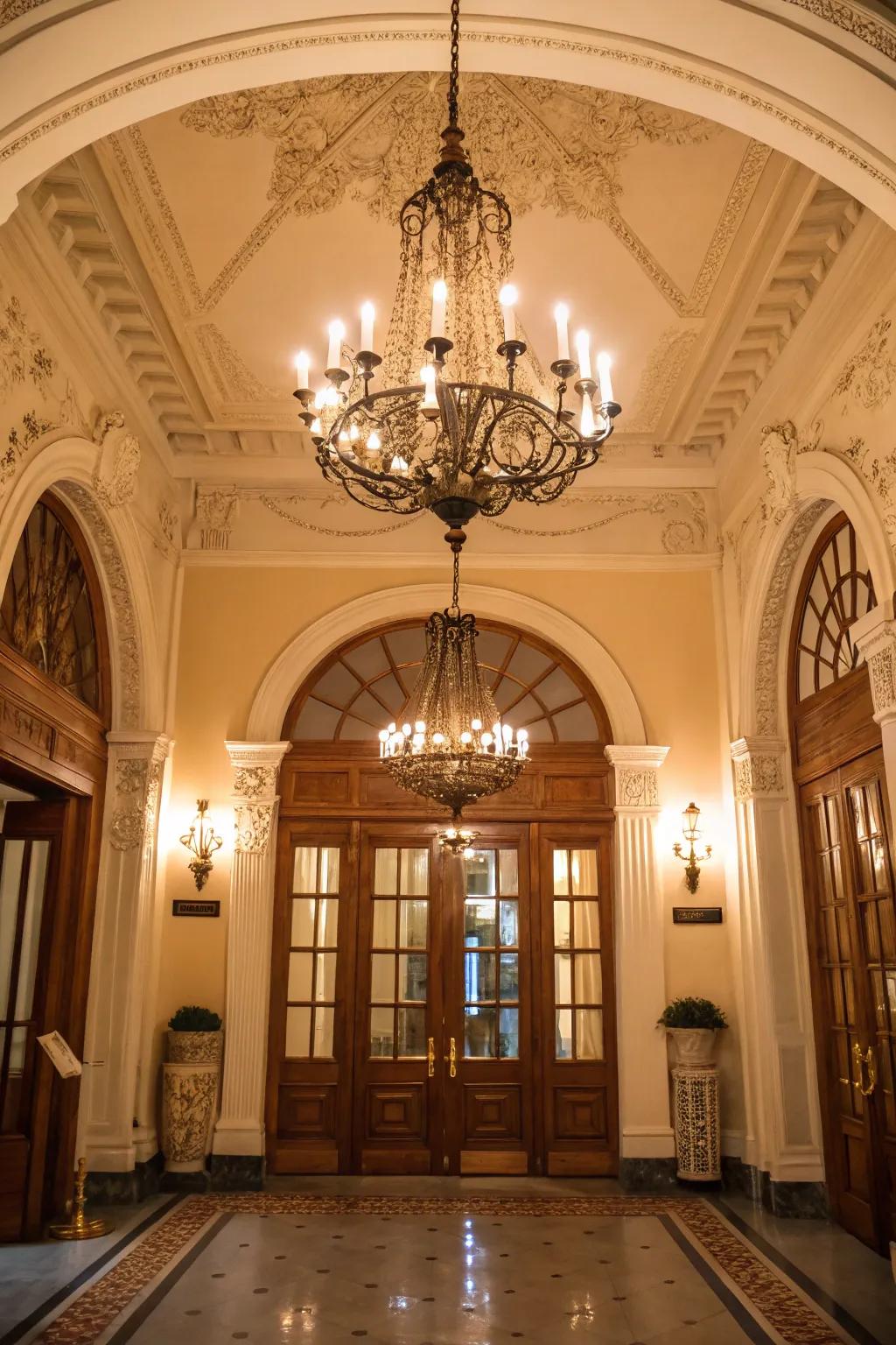 A classic candelabra illuminates this colonial entryway.