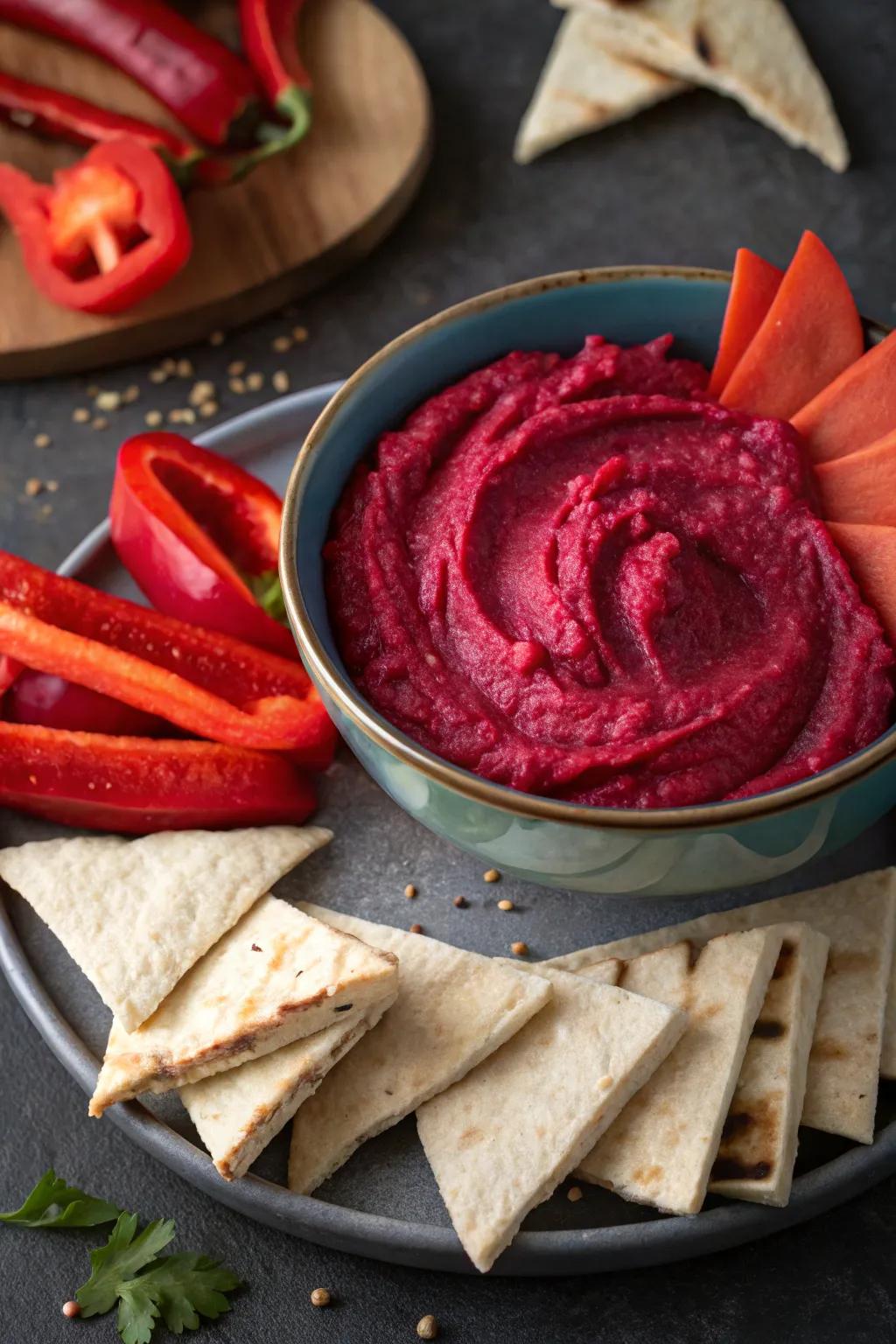 Vibrant scarlet beet dip served alongside scarlet pepper strips.