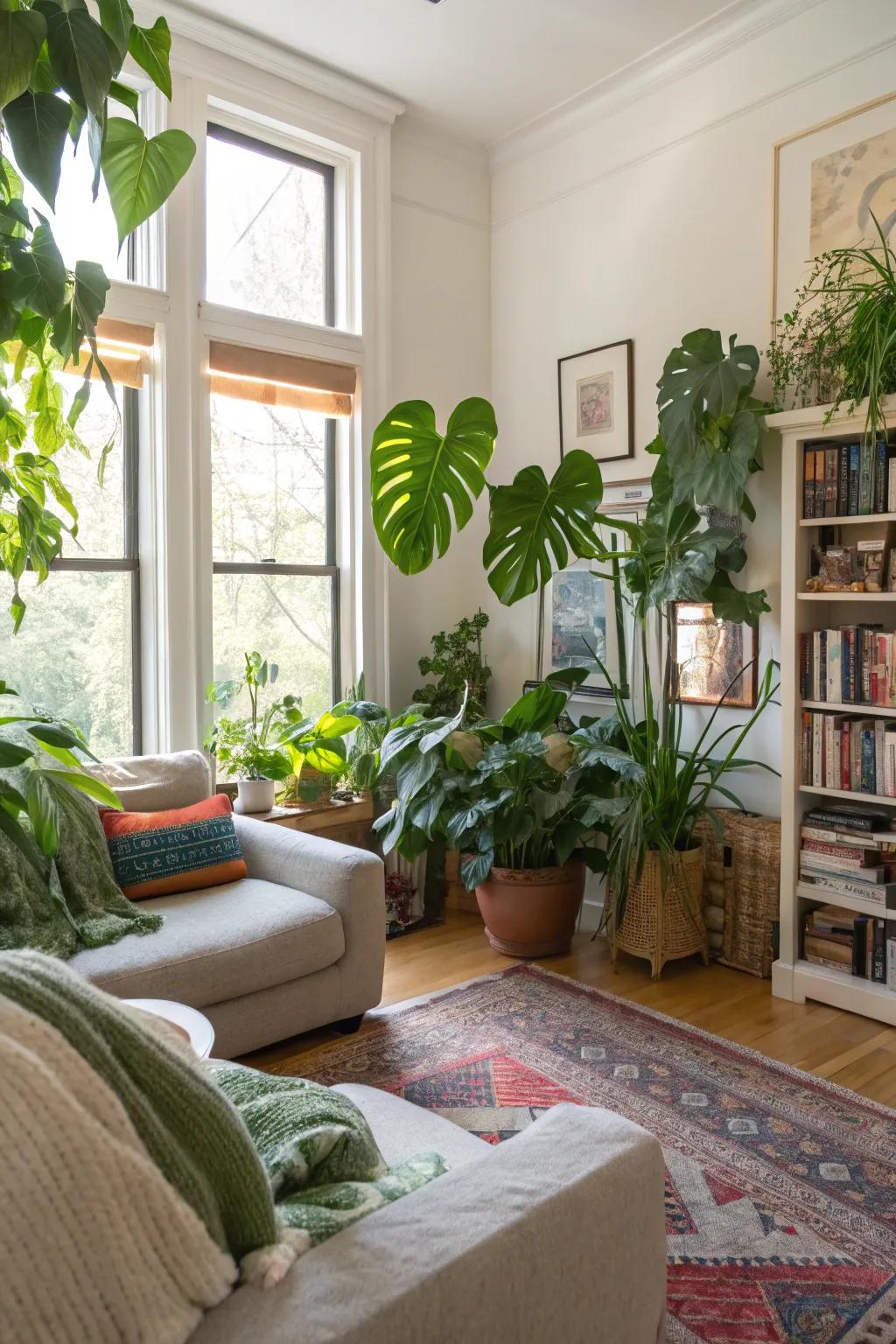 Lush green botanicals breathe life and vitality into this airy and bright living room.