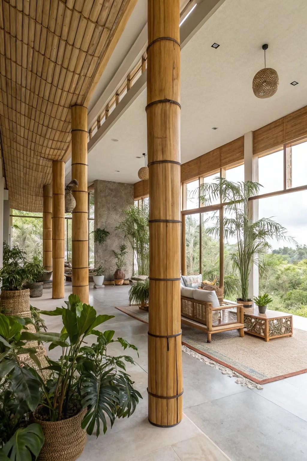 Cane columns bring an eco-friendly element to a modern living space.