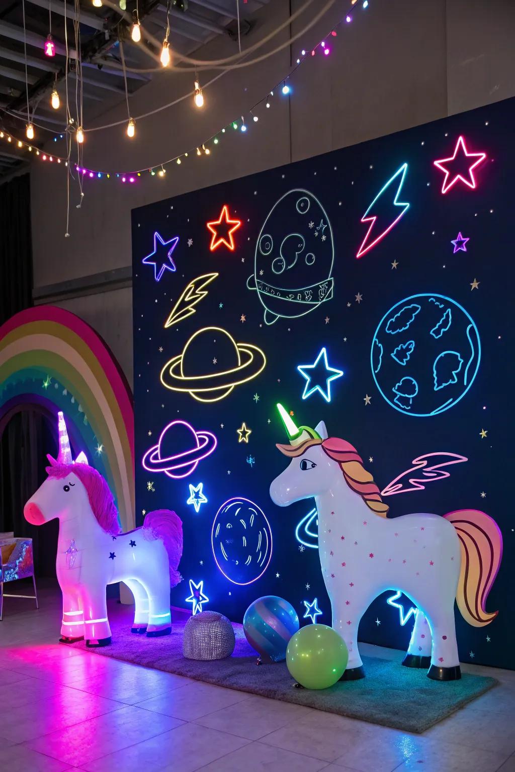 An engaging backdrop interweaving unicorn and space designs.