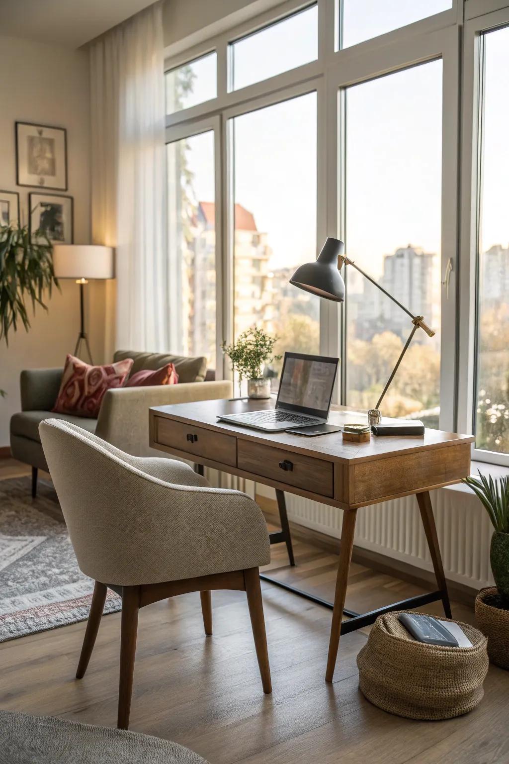 Natural light enlivens this bright workspace.
