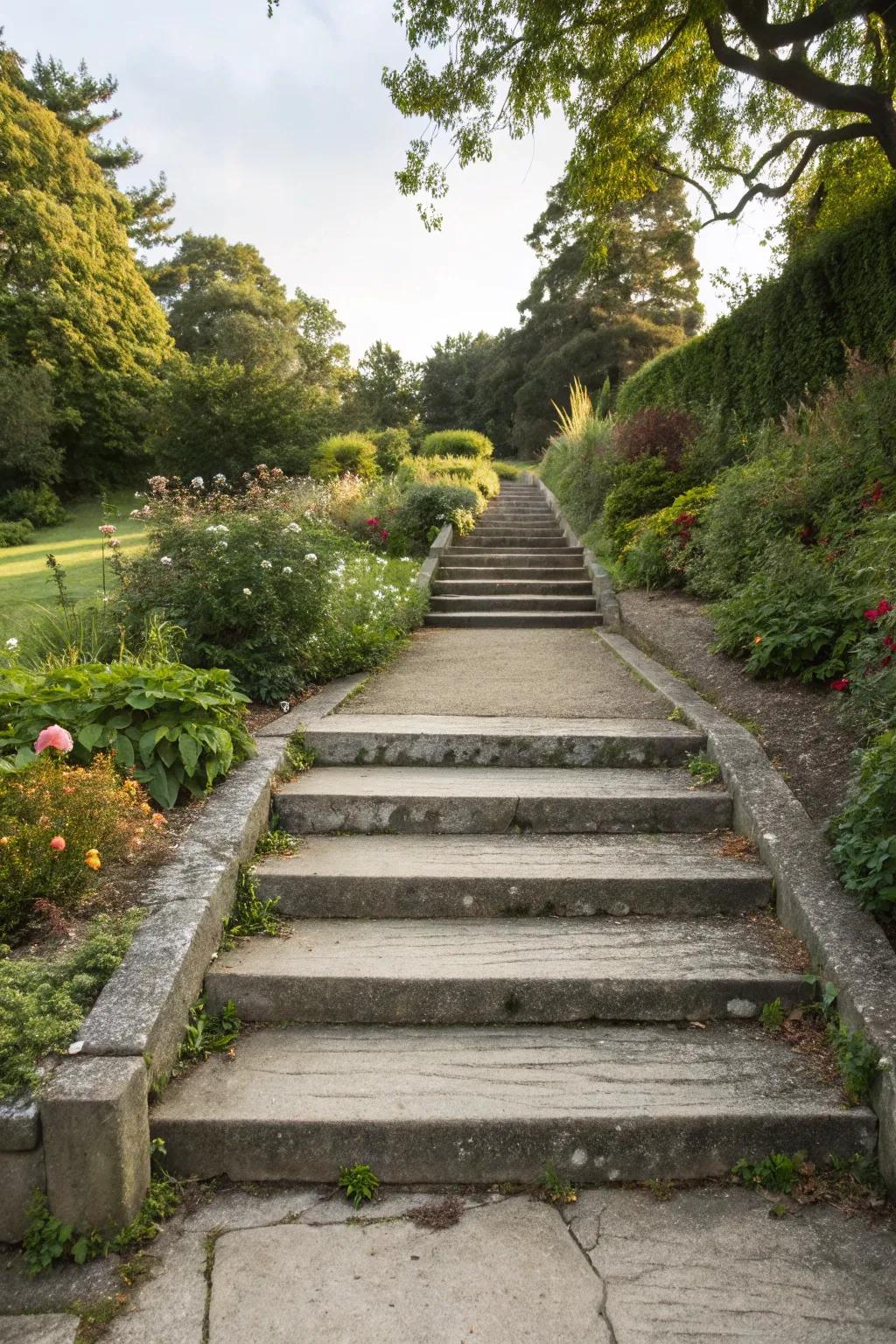 Seamless flow from steps to the walkway.