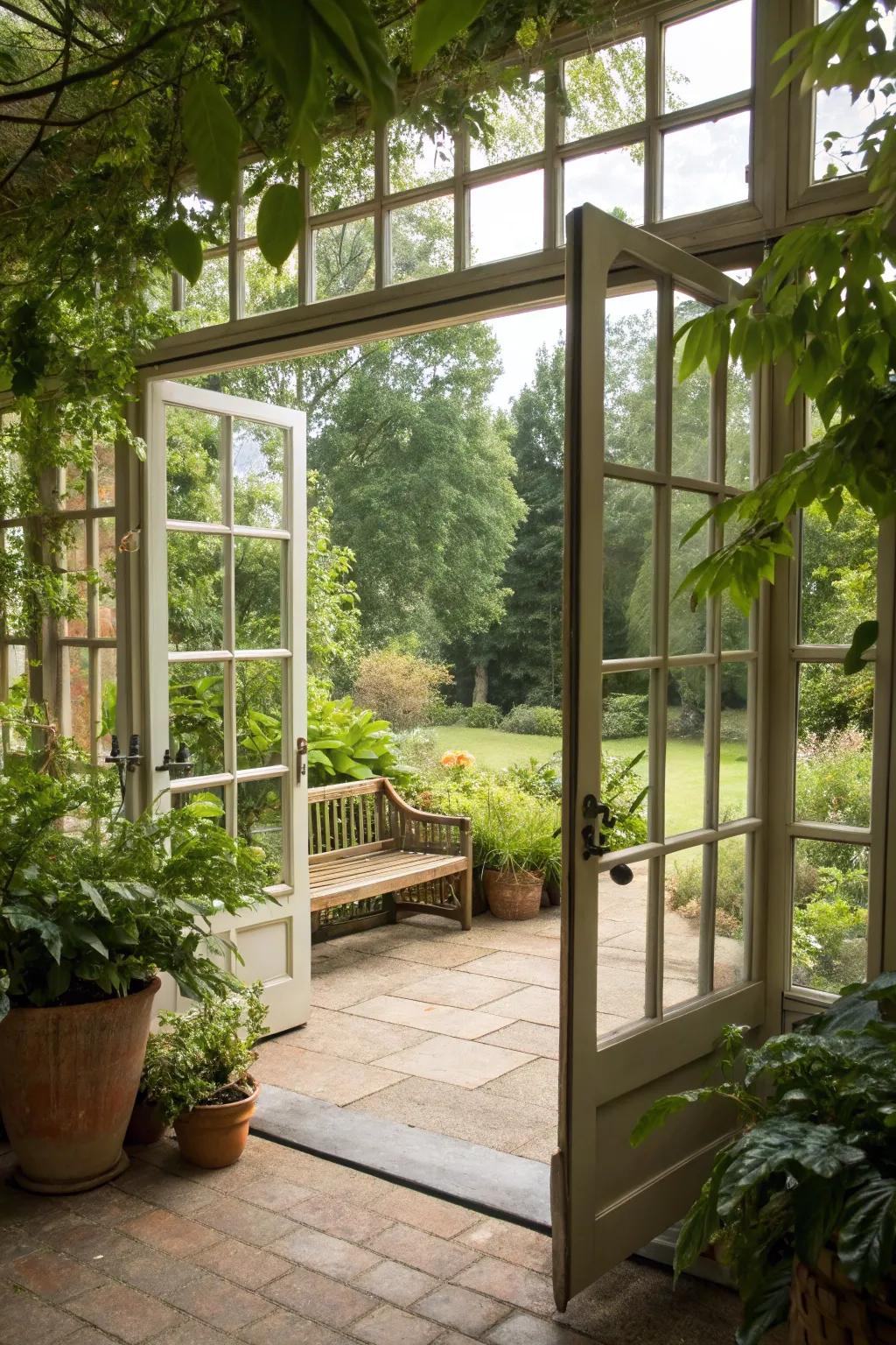A sunroom featuring expansive glass entries leading into an exquisite flora.