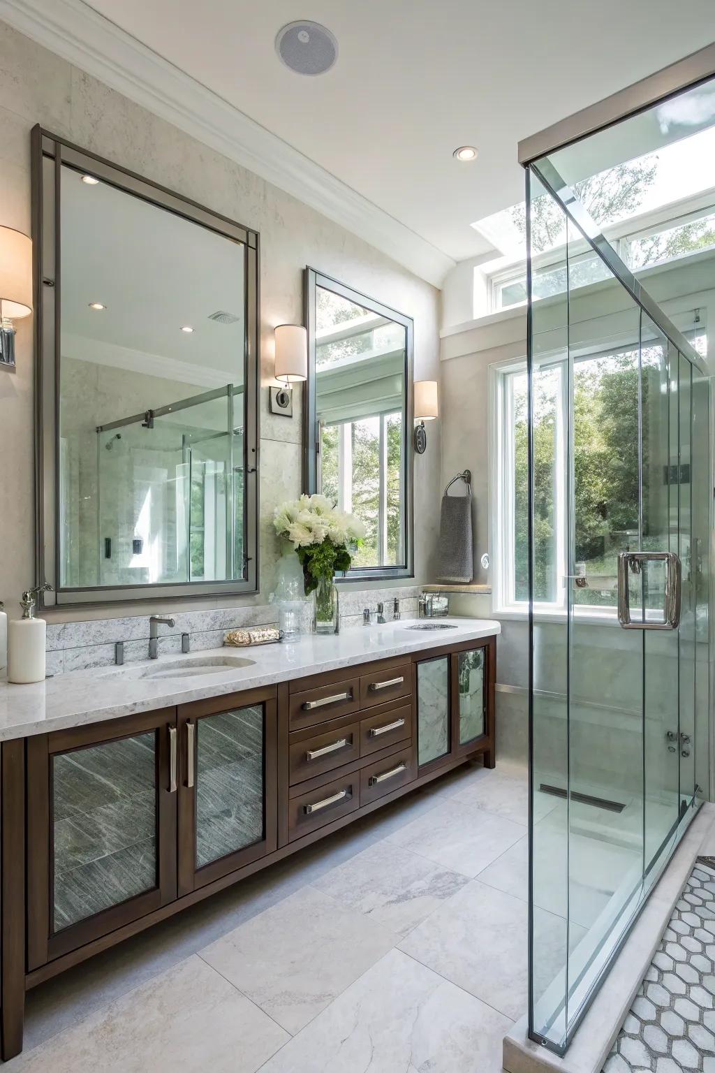 Spacious bathroom enhanced by reflectors and glass.