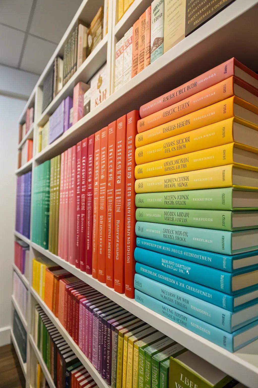 Color-coded books produce a cheerful and structured display.