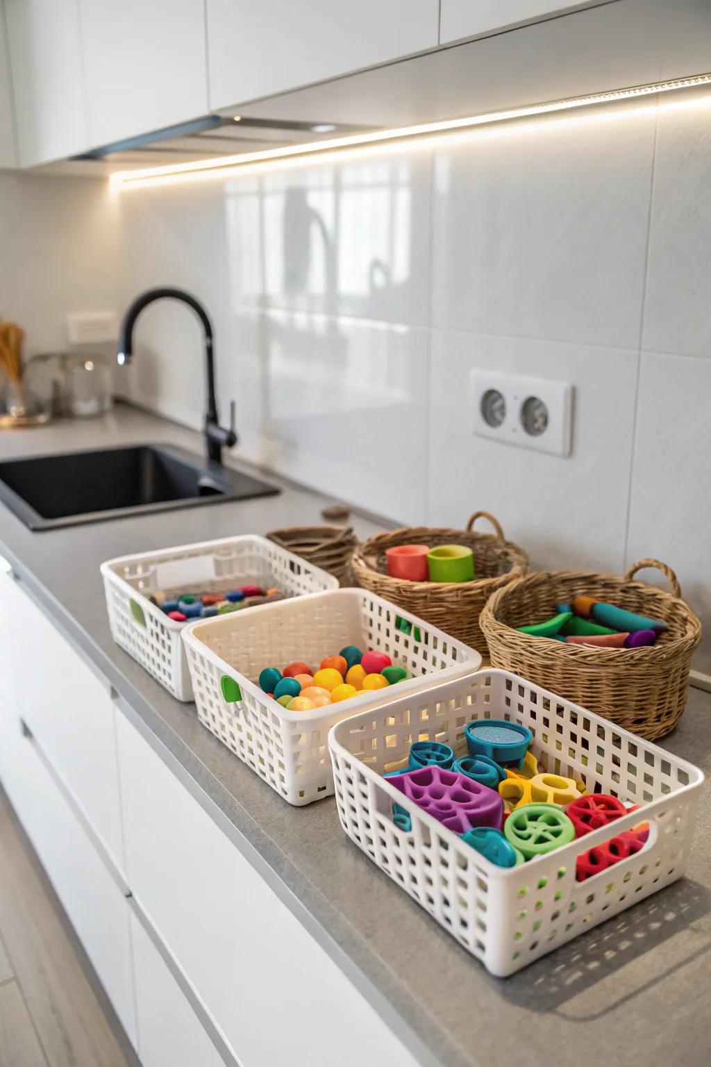 Under-cabinet carriers discreetly stowing cookie cutters.