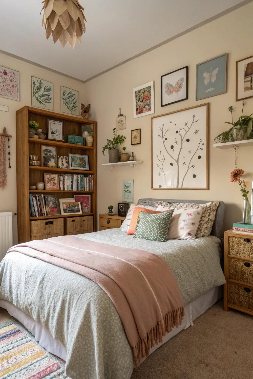 Personal touches introduce warmth and individuality to the sleep space.
