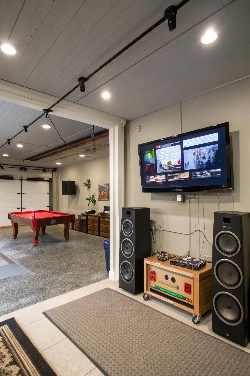 An entertainment zone adds enjoyment and relaxation to your garage.