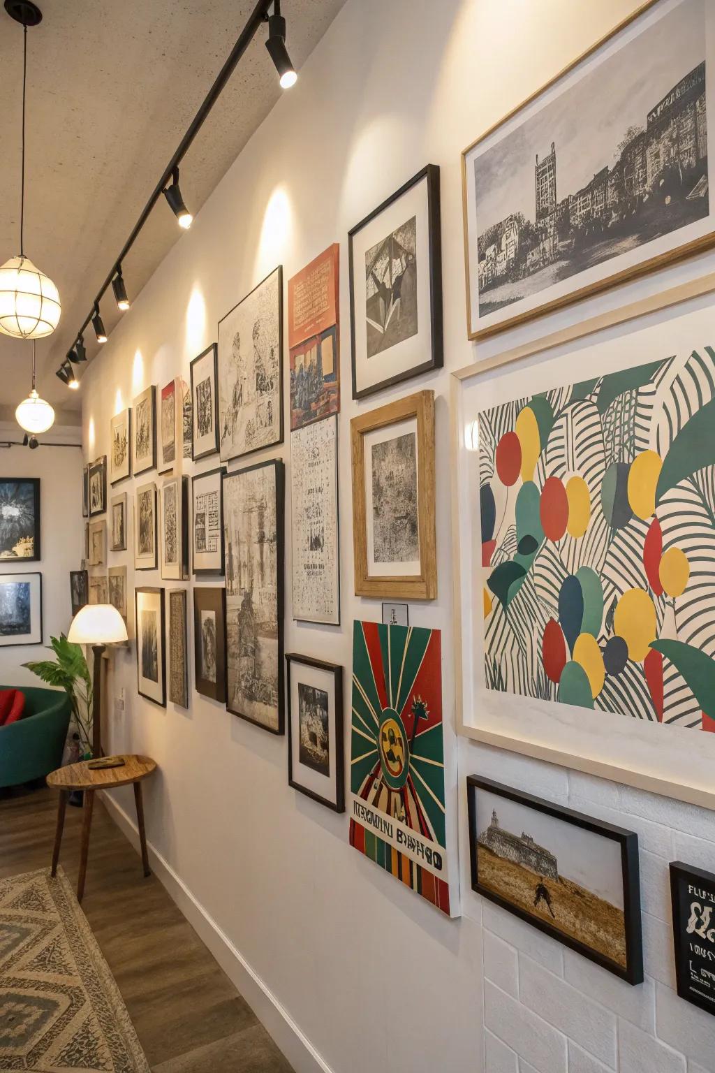 Combine various artistic styles for a diverse wall presentation.