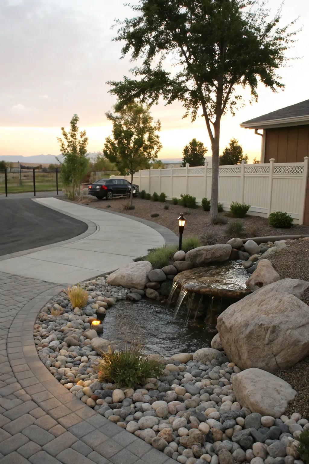 A delightful water feature enhancing the driveway ambiance.