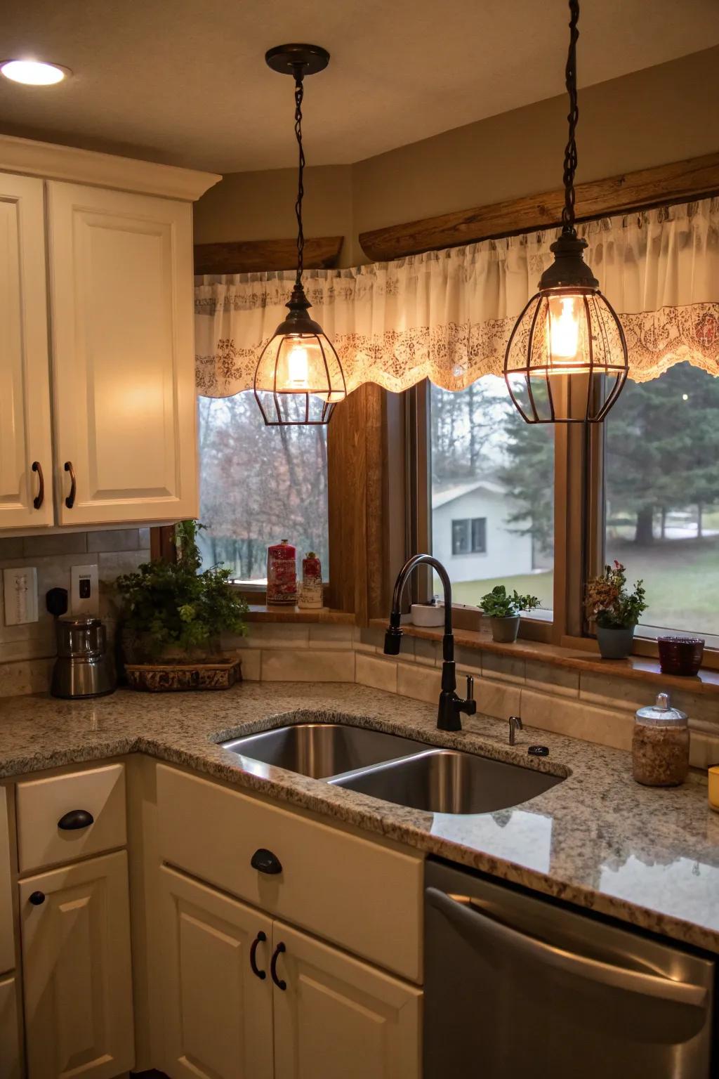 Hanging lights above a corner sink, improving both function and atmosphere.